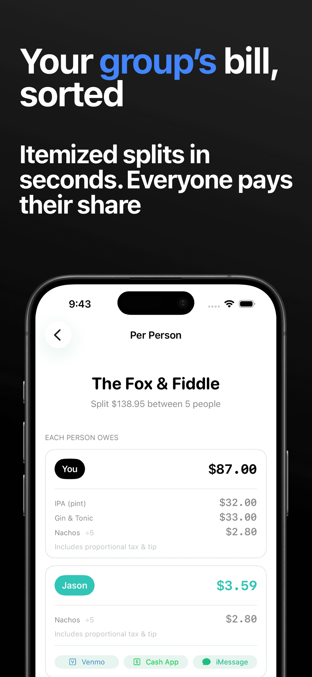 Per-person bill breakdown with proportional tax and tip in Divvy