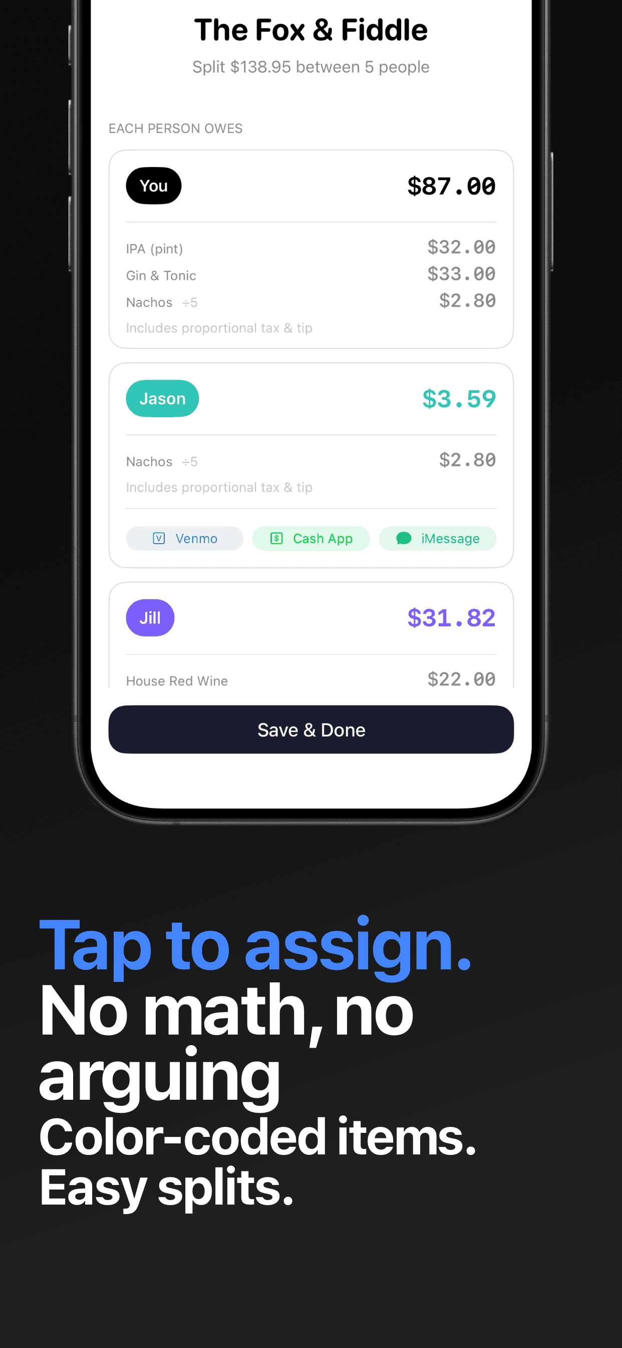 Assigning receipt items to friends by tapping names in the Divvy bill splitting app