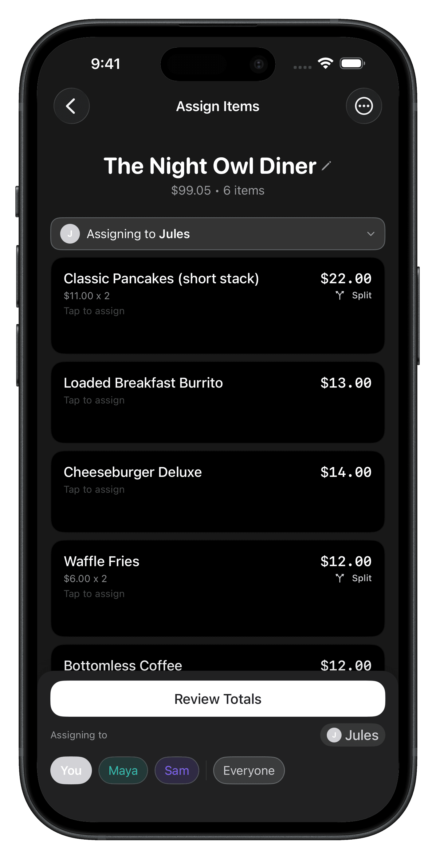 Divvy app showing items being assigned to friends